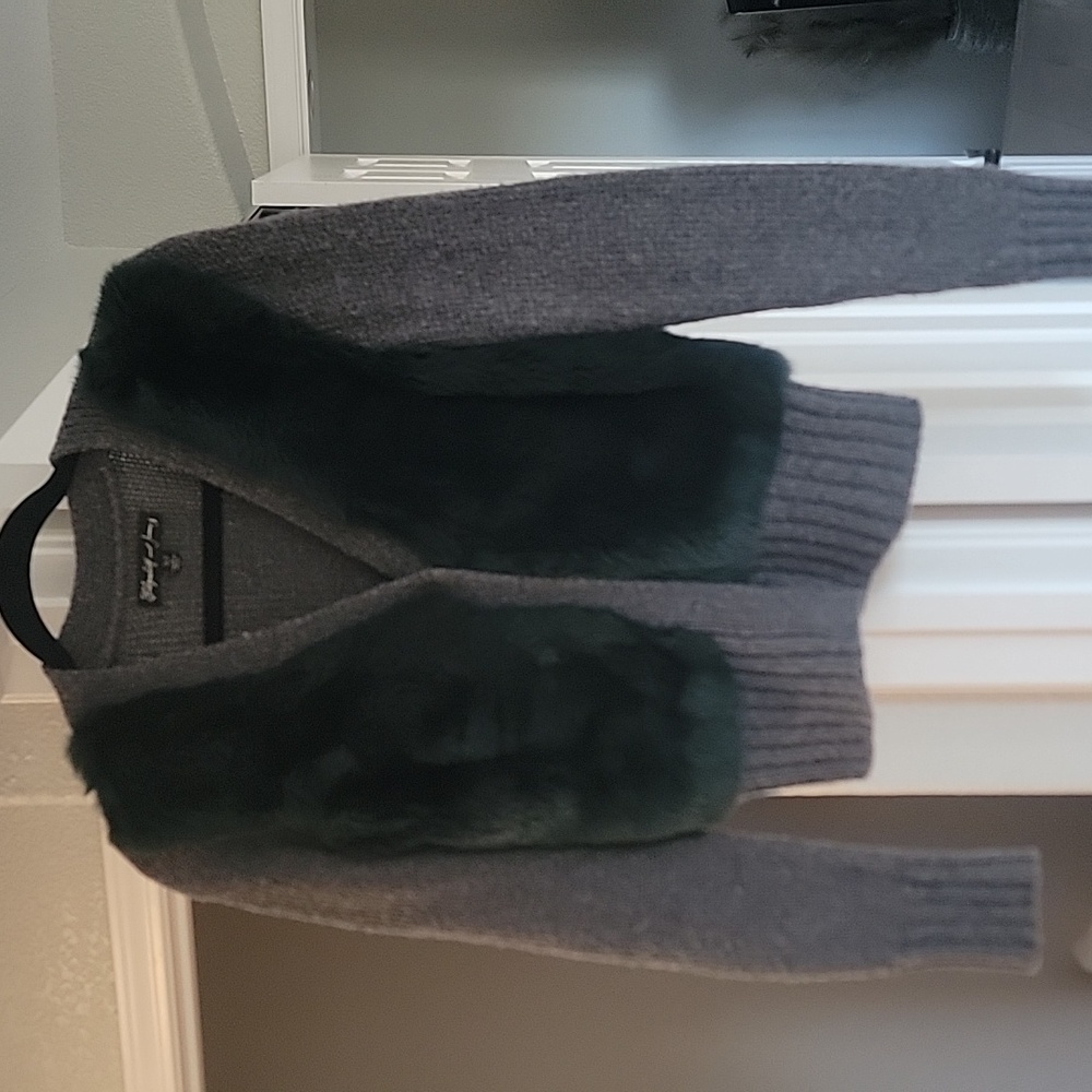 Elizabeth and James Green Fur Button Up Sweater, Size XS